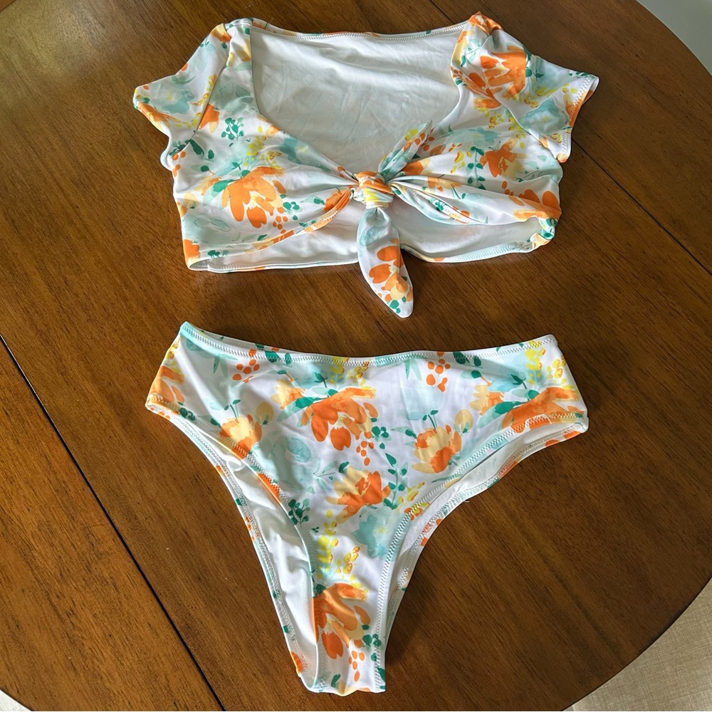 NWOT SHEIN Vibrant Orange and Green Floral Bikini